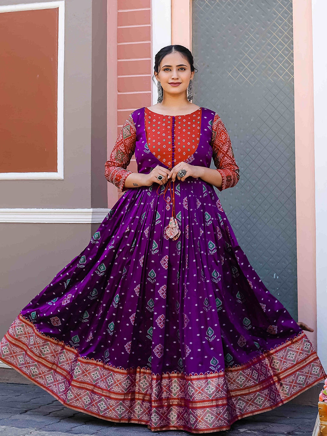 

DEVATITHI Printed Silk Fit & Flare Maxi Ethnic Dress, Purple