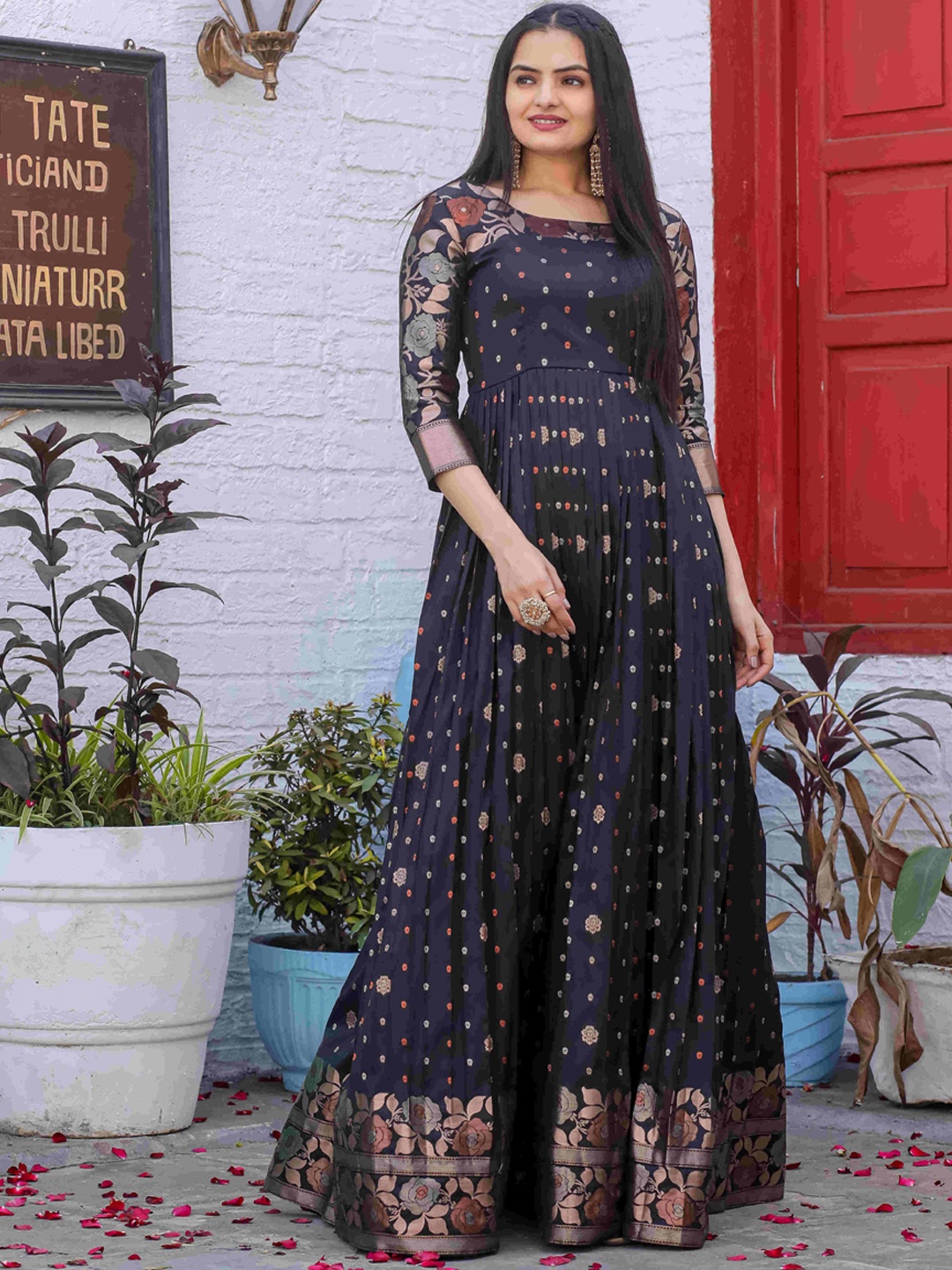 

DEVATITHI Floral Printed Round Neck Gathered Silk Fit & Flare Maxi Ethnic Dress, Black