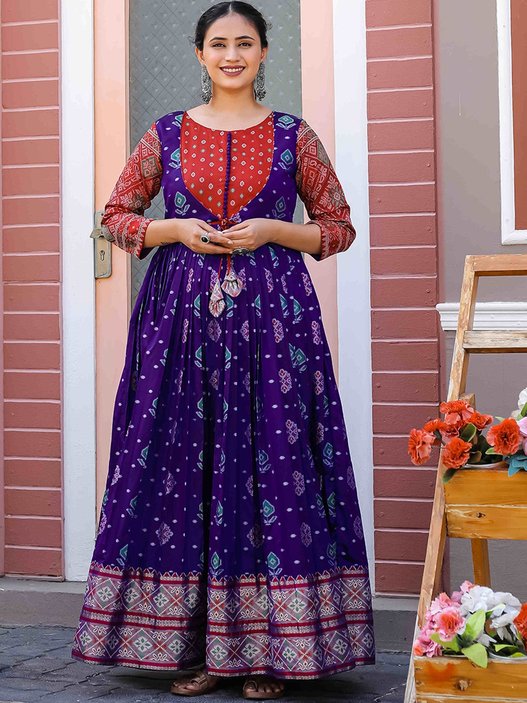 

DEVATITHI Printed Silk Fit & Flare Maxi Ethnic Dress, Violet