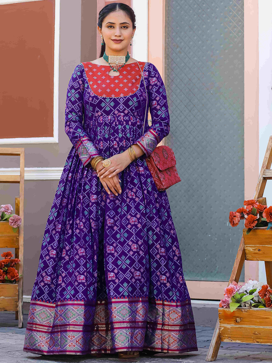 

DEVATITHI Printed Silk Fit & Flare Maxi Ethnic Dress, Violet