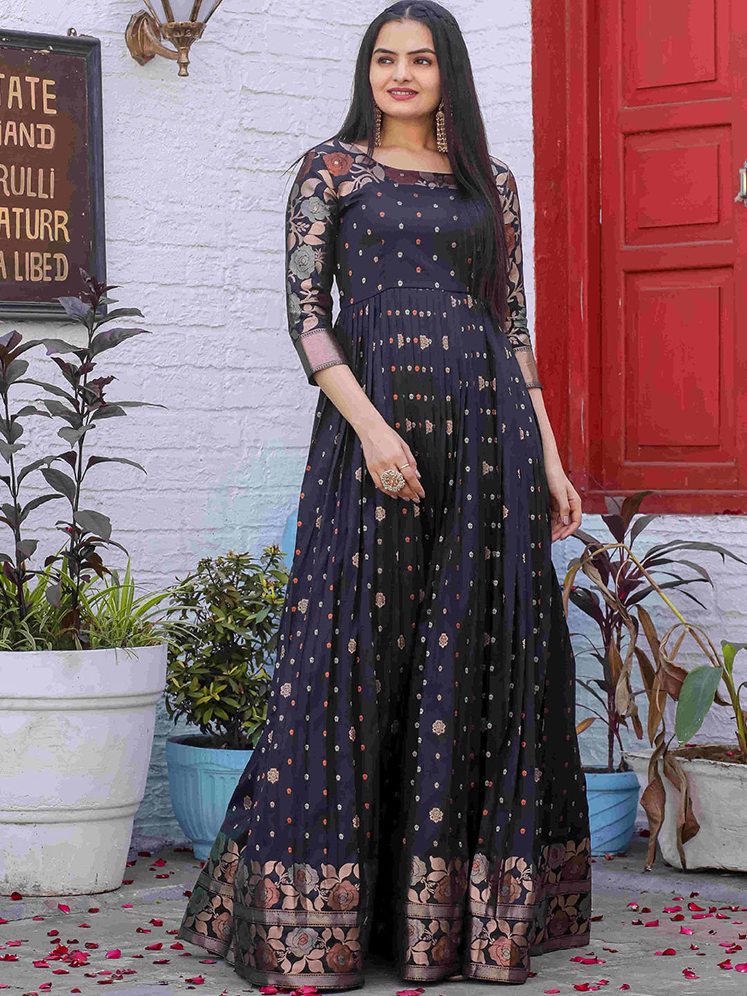 

DEVATITHI Floral Printed Round Neck Gathered Silk Fit & Flare Maxi Ethnic Dress, Black