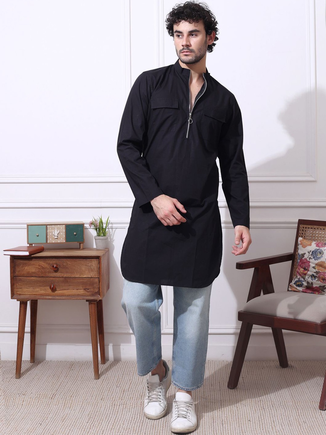 

MIDAV Mandarin Collar Zipper Detail Cotton Straight Kurta, Black