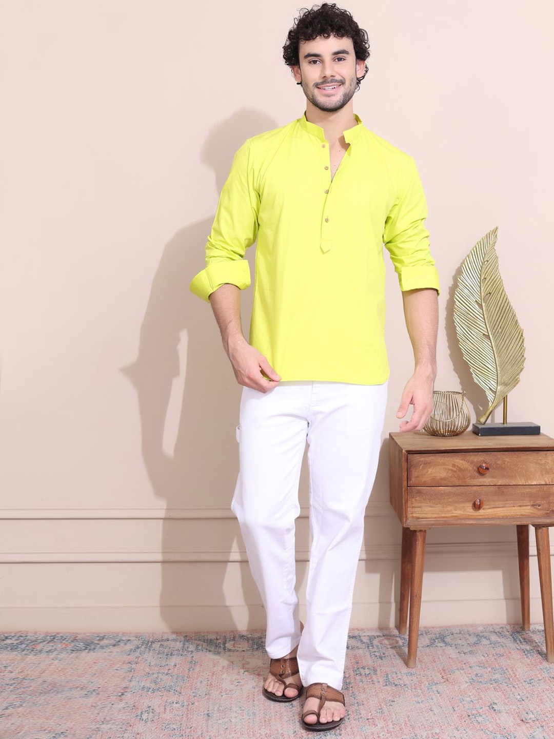 

MIDAV Mandarin Collar Cotton Straight Kurta, Lime green