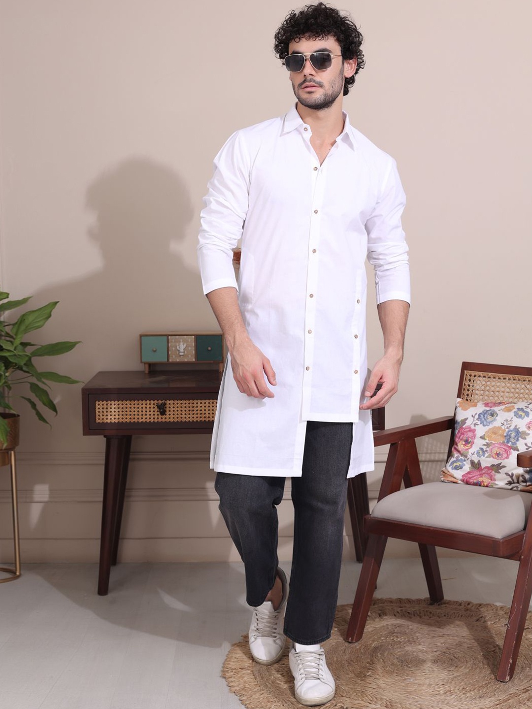 

MIDAV Shirt Collar Long Sleeves Cotton Pathani Kurta, White