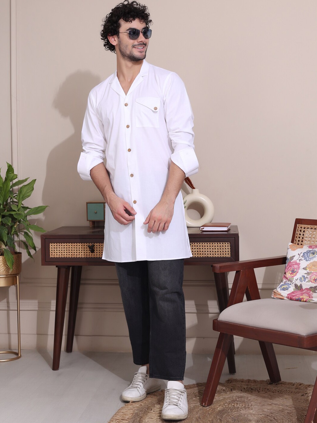 

MIDAV Cuban Collar Cotton Straight Kurta, White