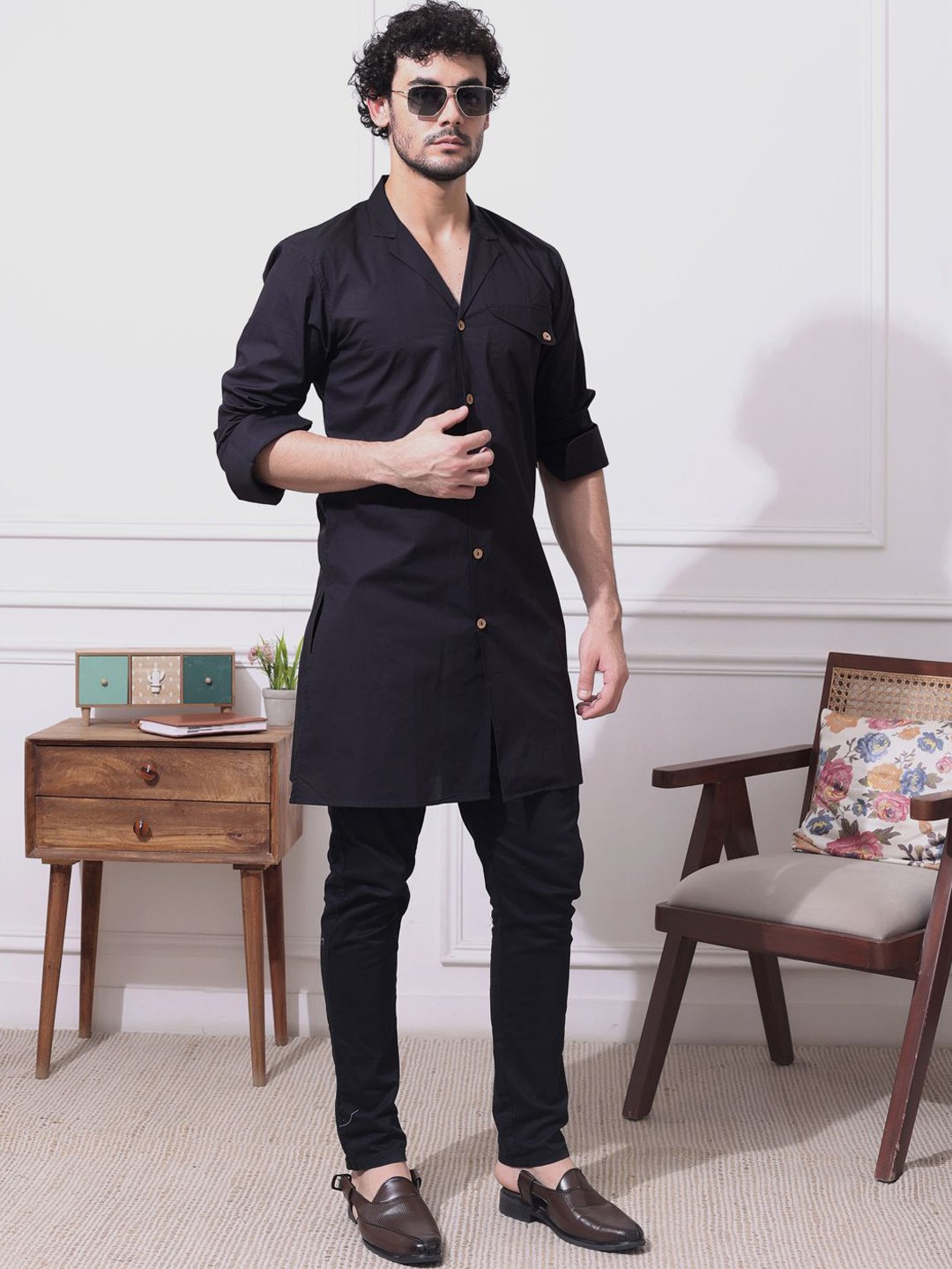 

MIDAV Cuban Collar Cotton Straight Kurta, Black