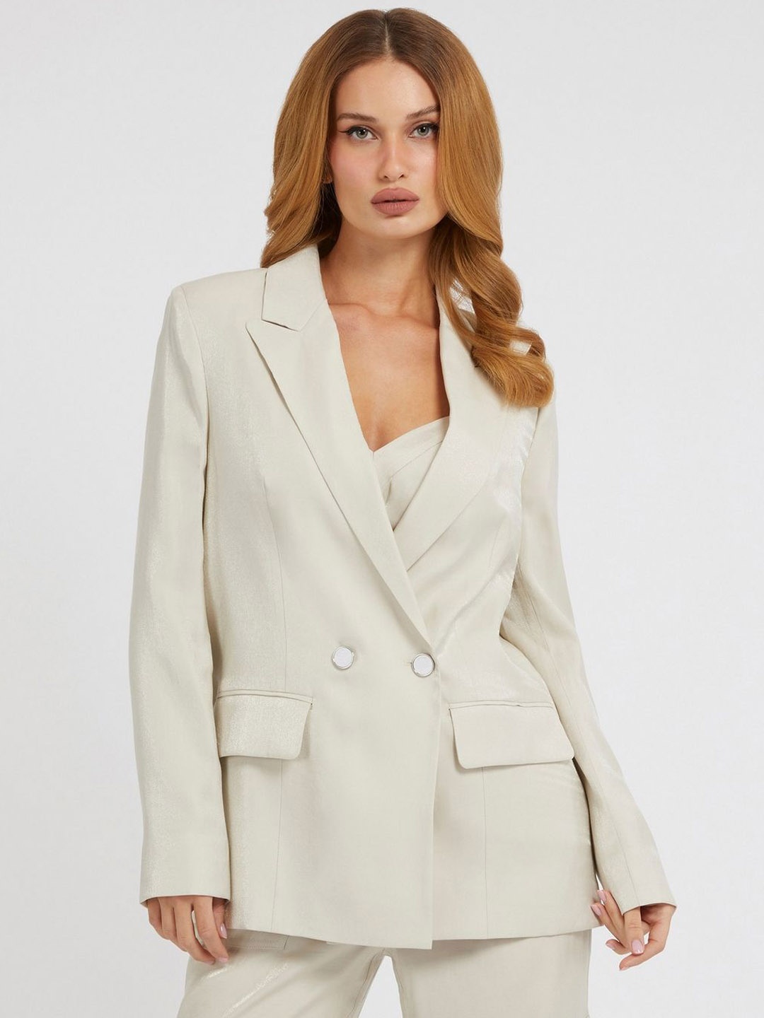 

GUESS Peaked Lapel Double-Breasted Casual Blazer, Off white