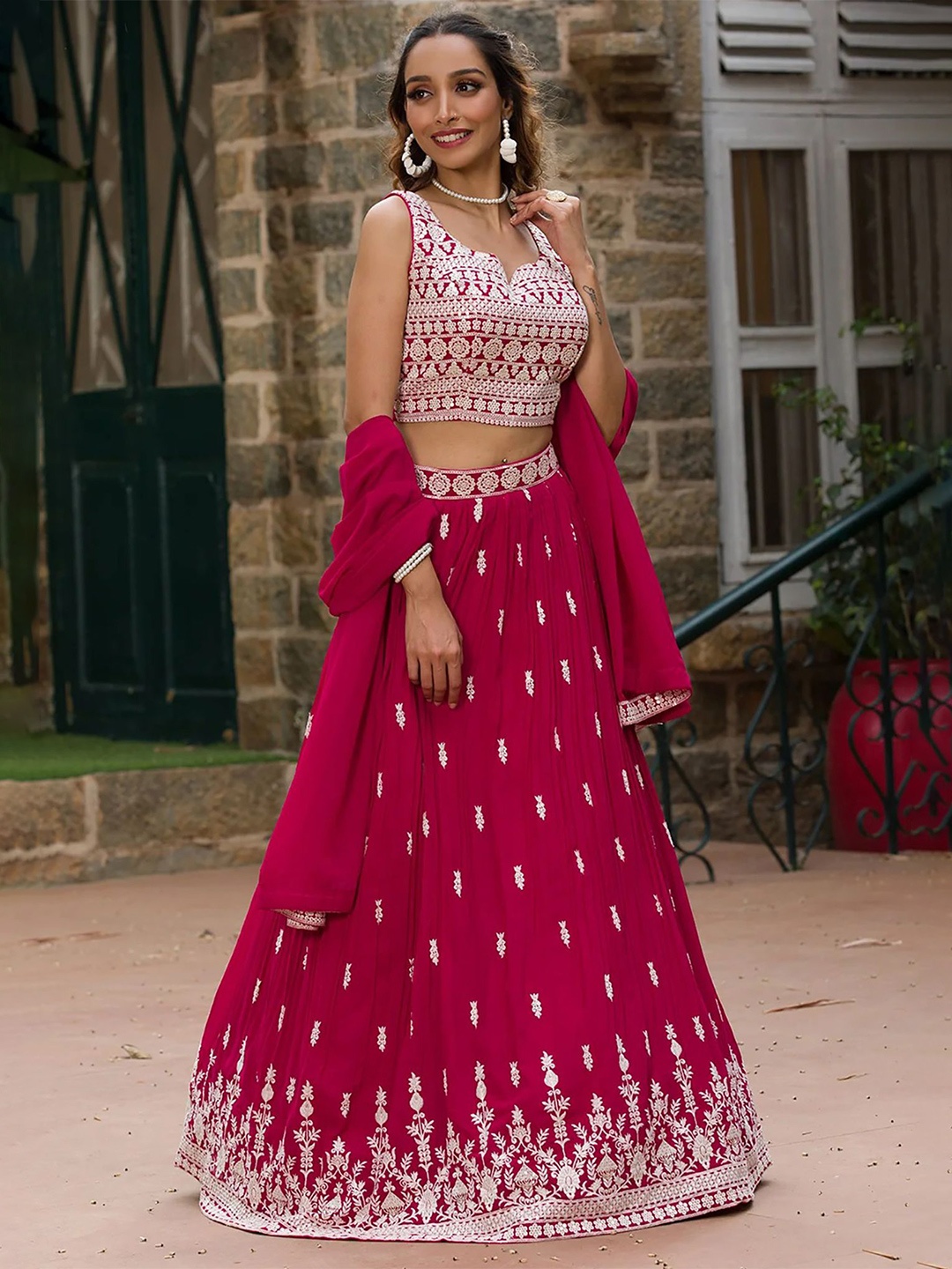 

Kedar Fab Embroidered Thread Work Semi-Stitched Lehenga & Unstitched Blouse With Dupatta, Pink
