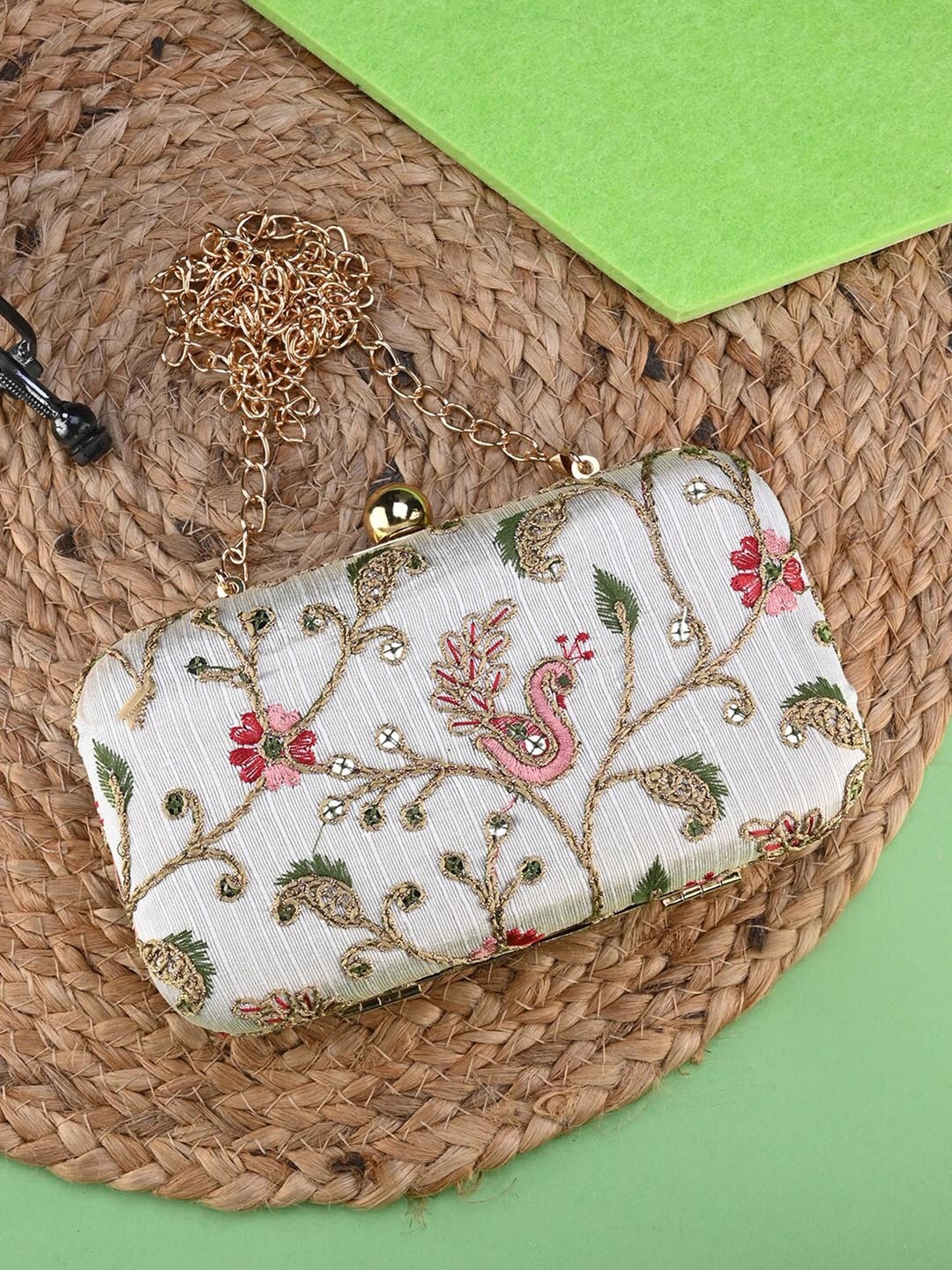 

DRASTR Floral Embroidered Box Clutch, Cream