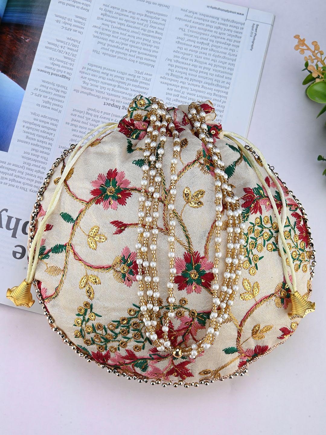 

DRASTR Embellished & Embroidered Potli Clutch, Off white