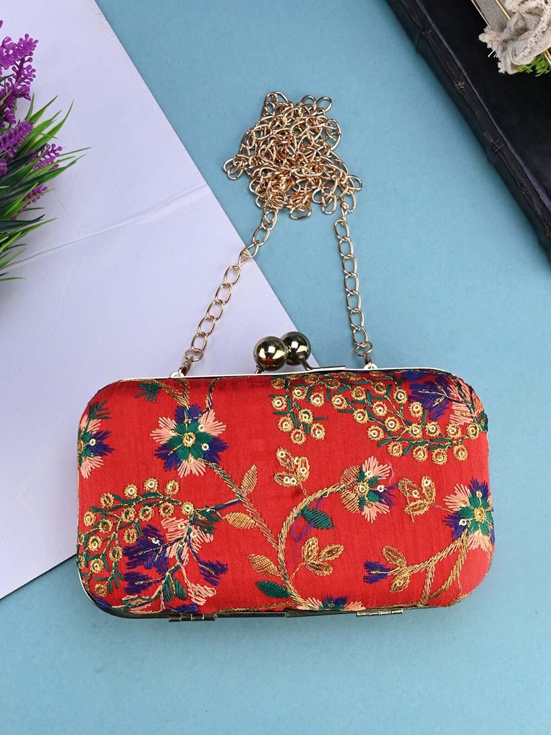 

DRASTR Embroidered Box Clutch, Red