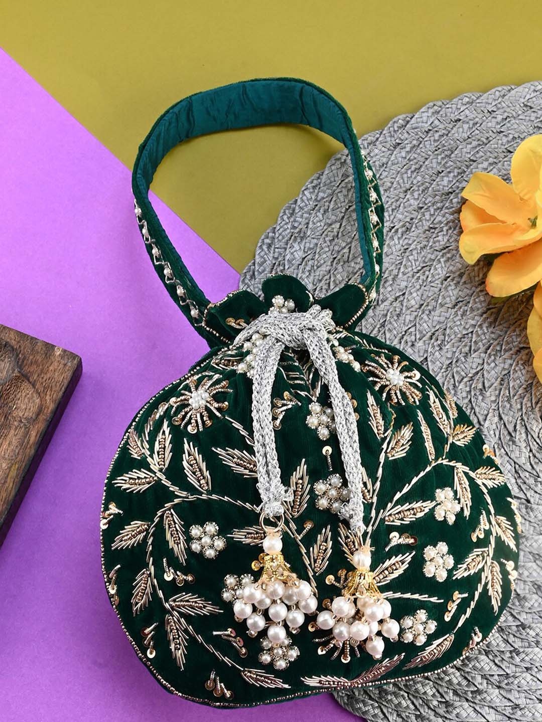 

DRASTR Embroidered Potli Clutch, Green