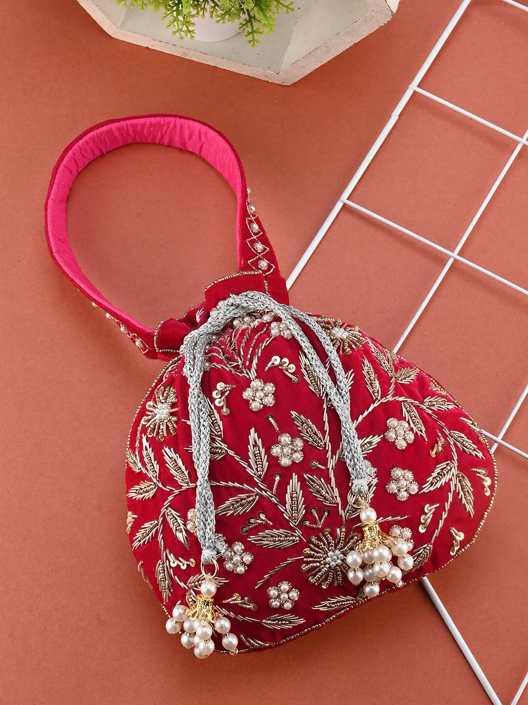 

DRASTR Embroidered Potli Clutch, Pink