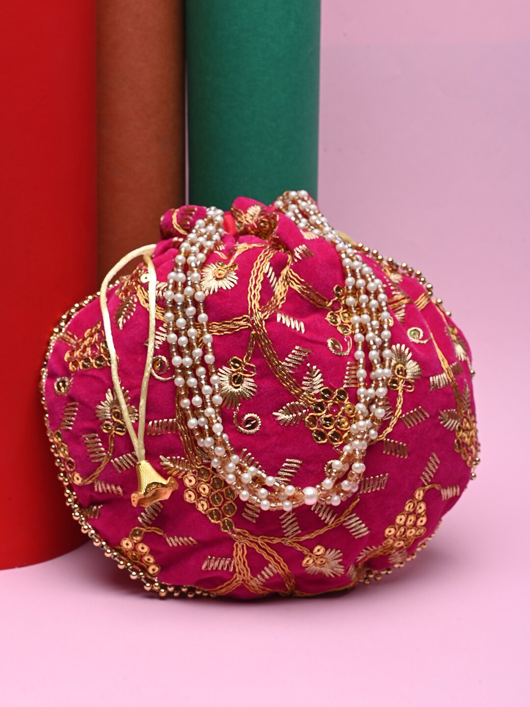 

DRASTR Embroidered Potli Clutch, Pink