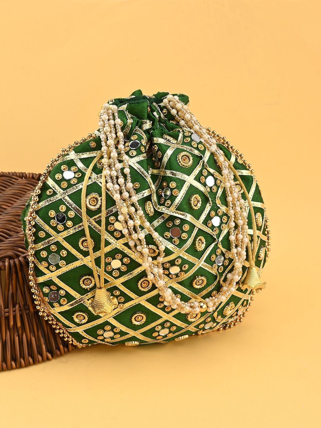 

DRASTR Embroidered Potli Clutch, Green