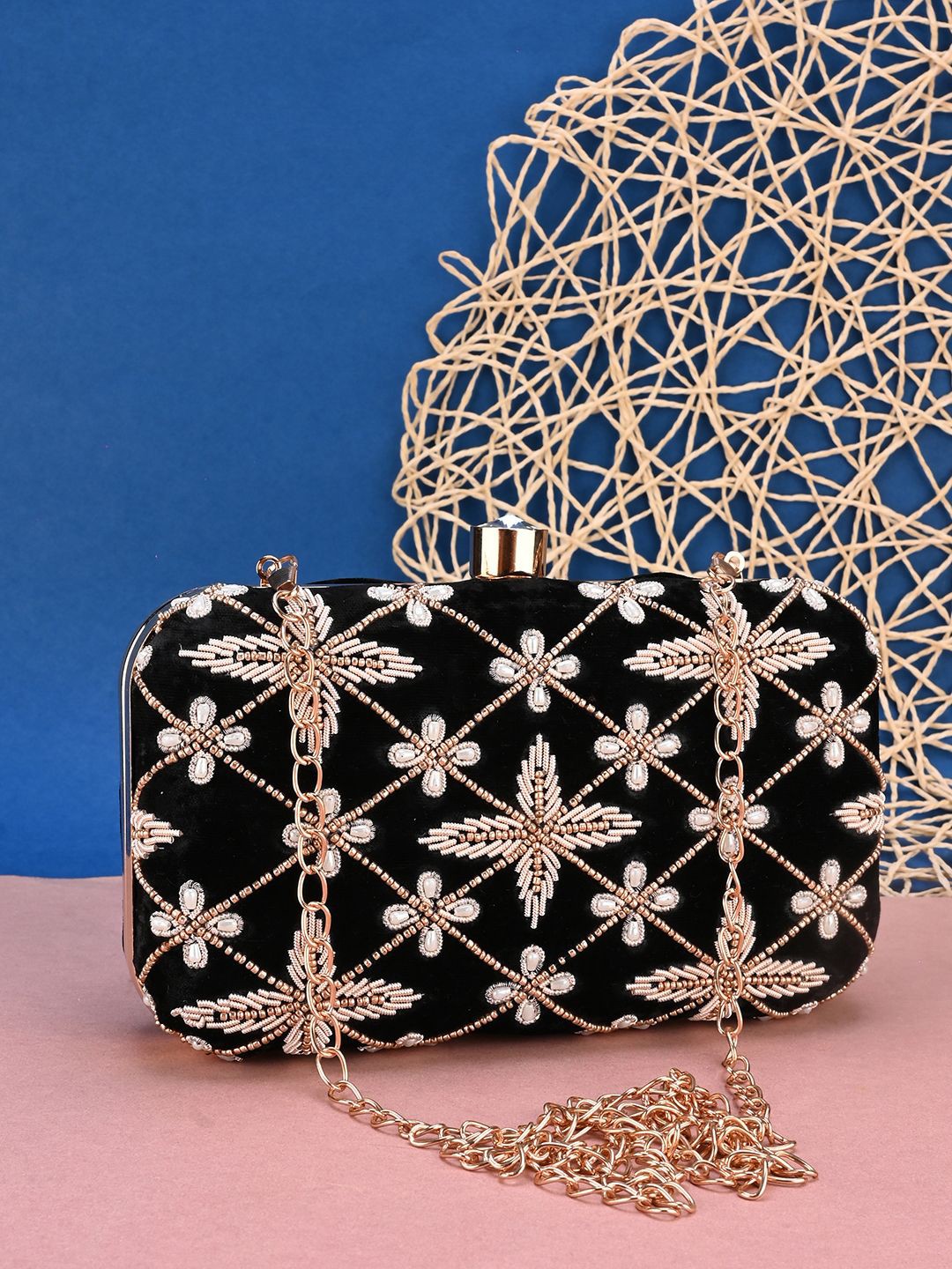 

DRASTR Embroidered Box Clutch, Black