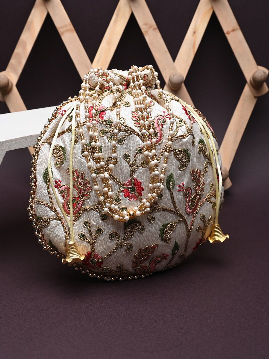 

DRASTR Embellished Embroidered Potli Clutch, Off white