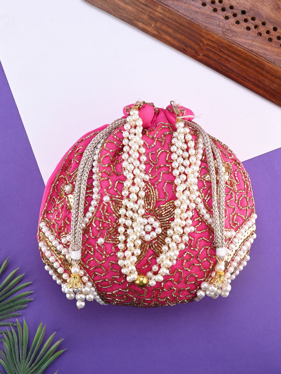 

DRASTR Embroidered Embellished Potli Bag Clutch, Pink