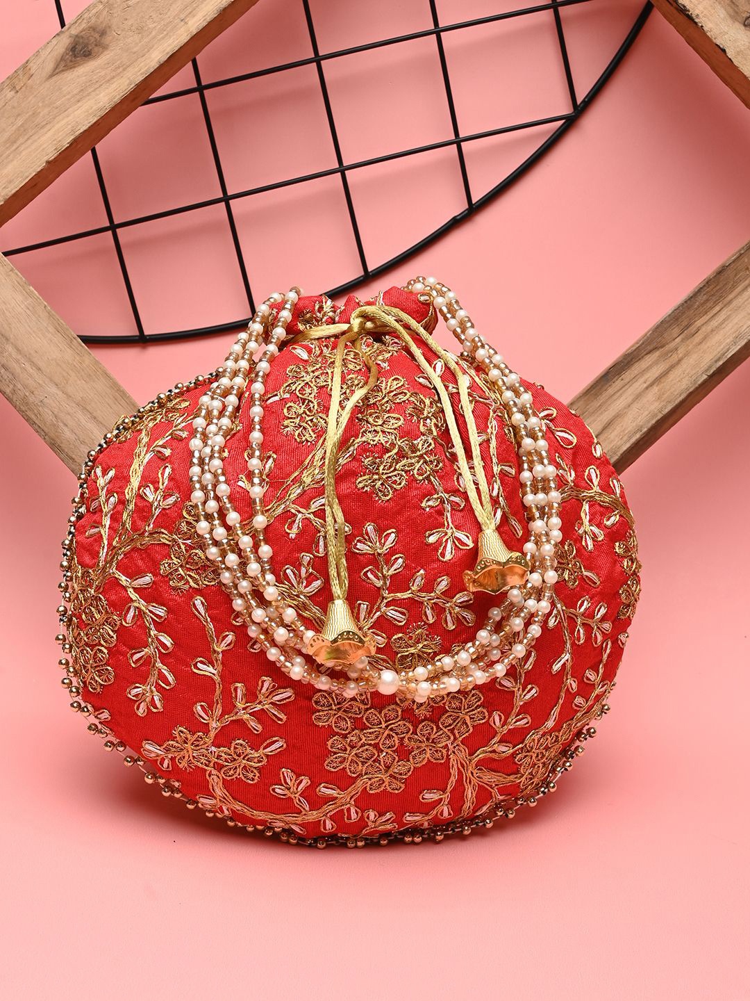 

DRASTR Embellished Embroidered Potli Clutch, Red