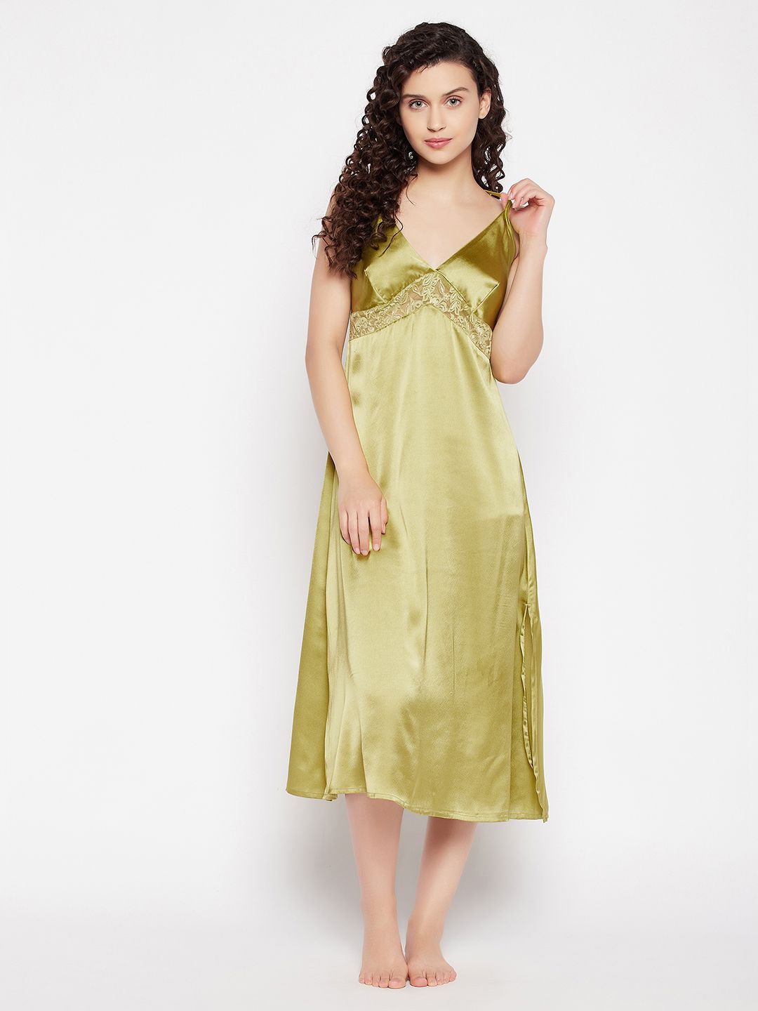 

Clovia Shoulder Straps Sleeveless Satin Midi Regular Nightdress, Green