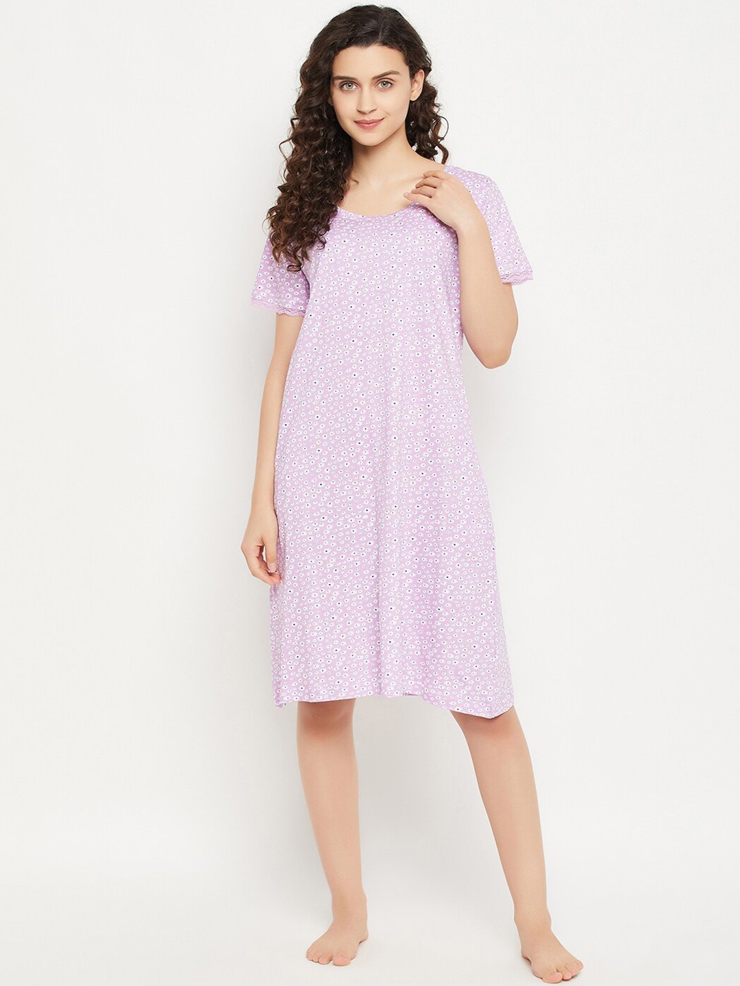 

Clovia Floral Printed Modal T-shirt Nightdress, Purple