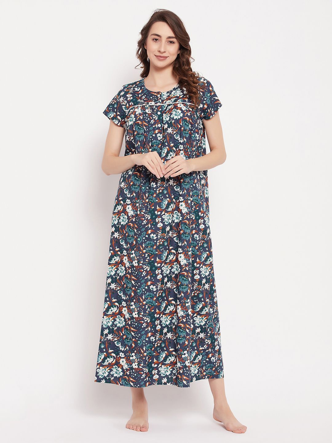 

Clovia Floral Printed Round Neck Maxi Regular Nightdress, Blue