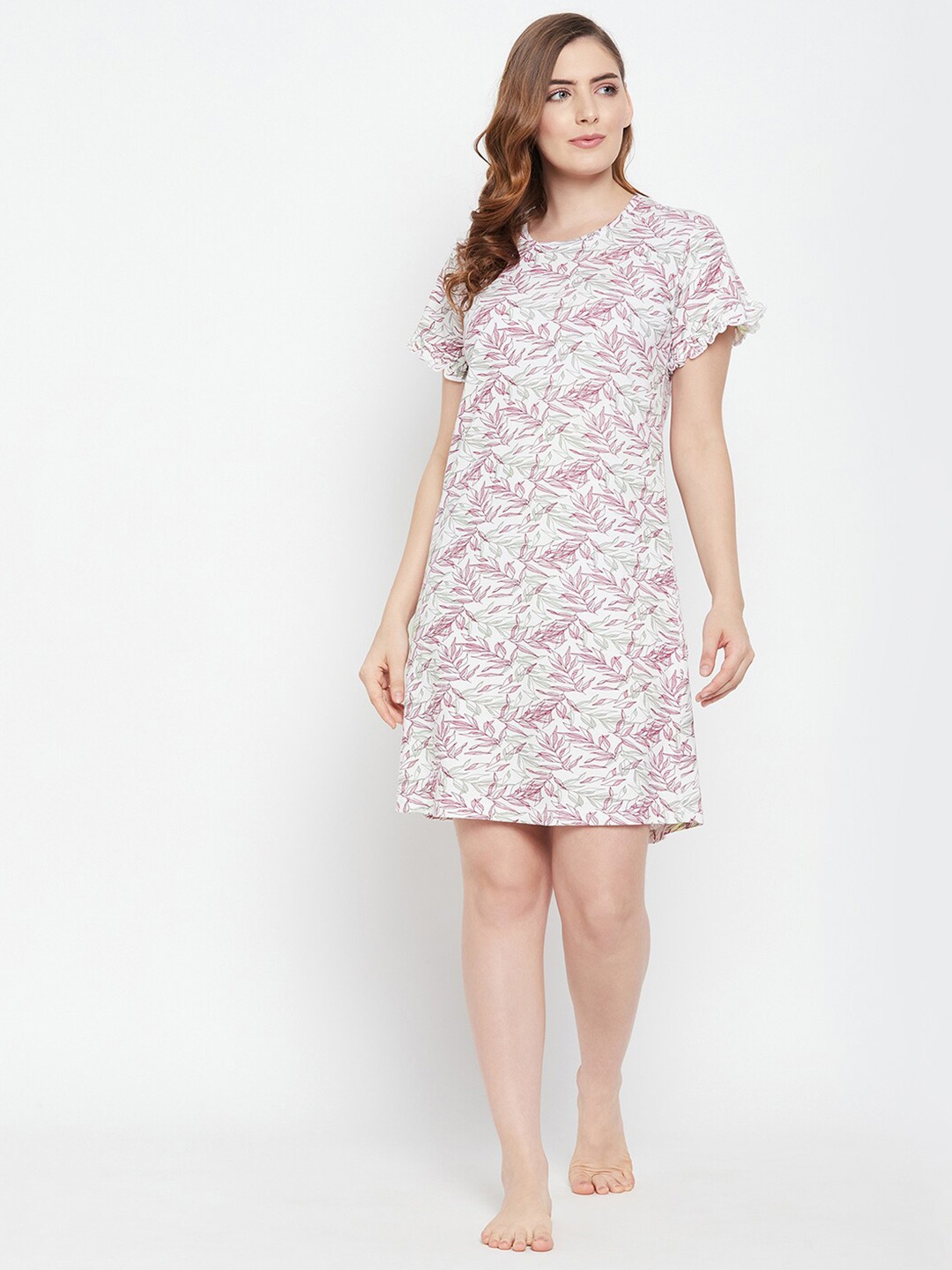 

Clovia Floral Printed Pure Cotton T-shirt Nightdress, White