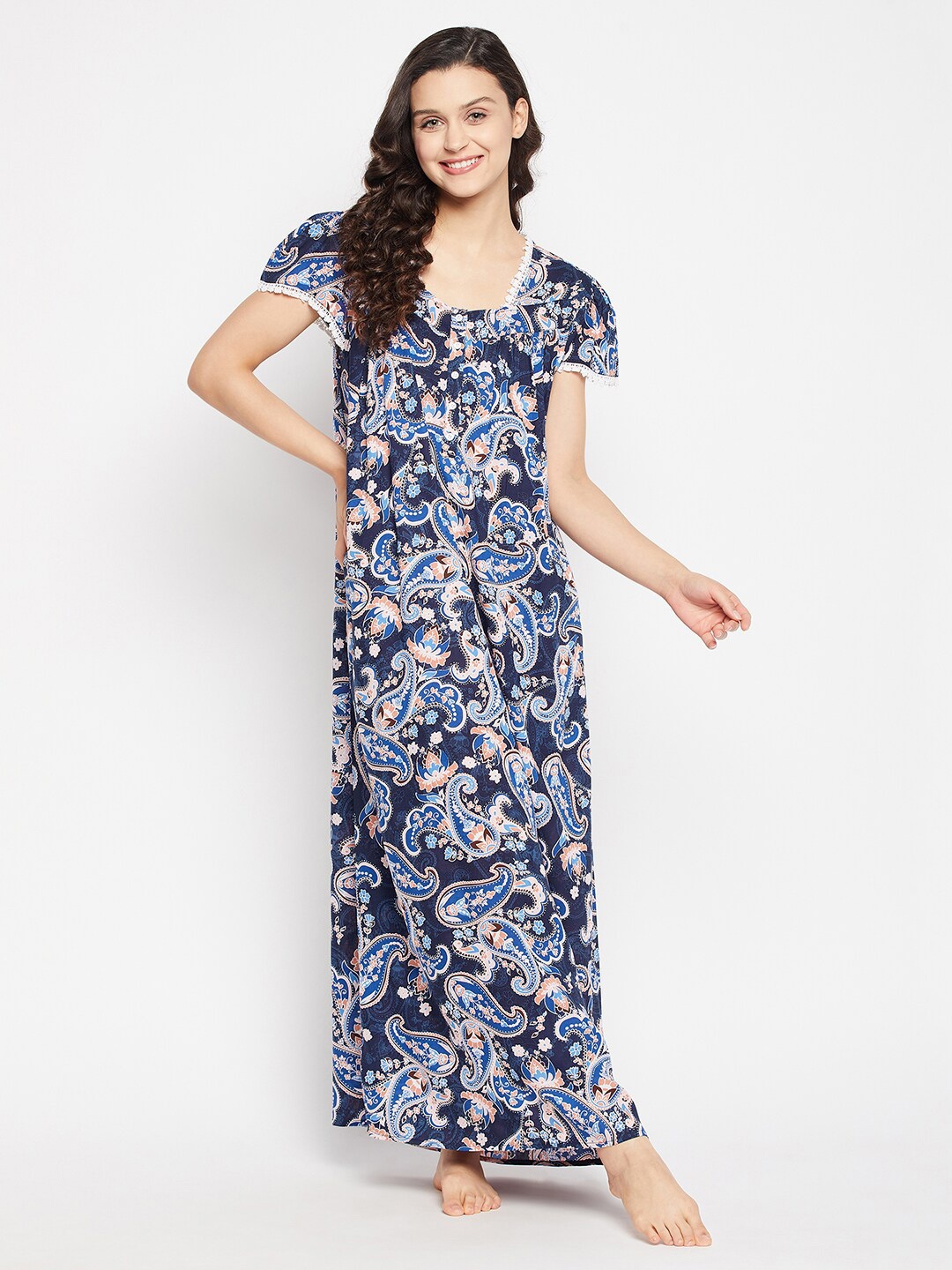 

Clovia Ethnic Motifs Printed Square Neck Maxi Regular Nightdress, Blue