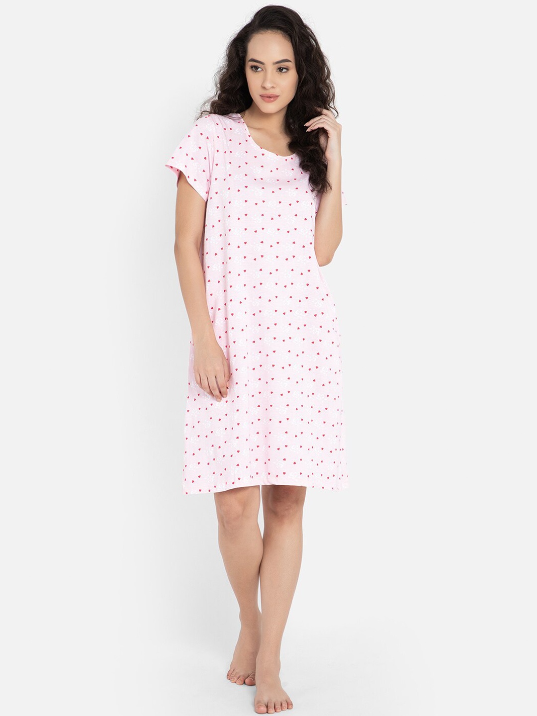 

Clovia Geometric Printed Pure Cotton T-shirt Nightdress, Pink