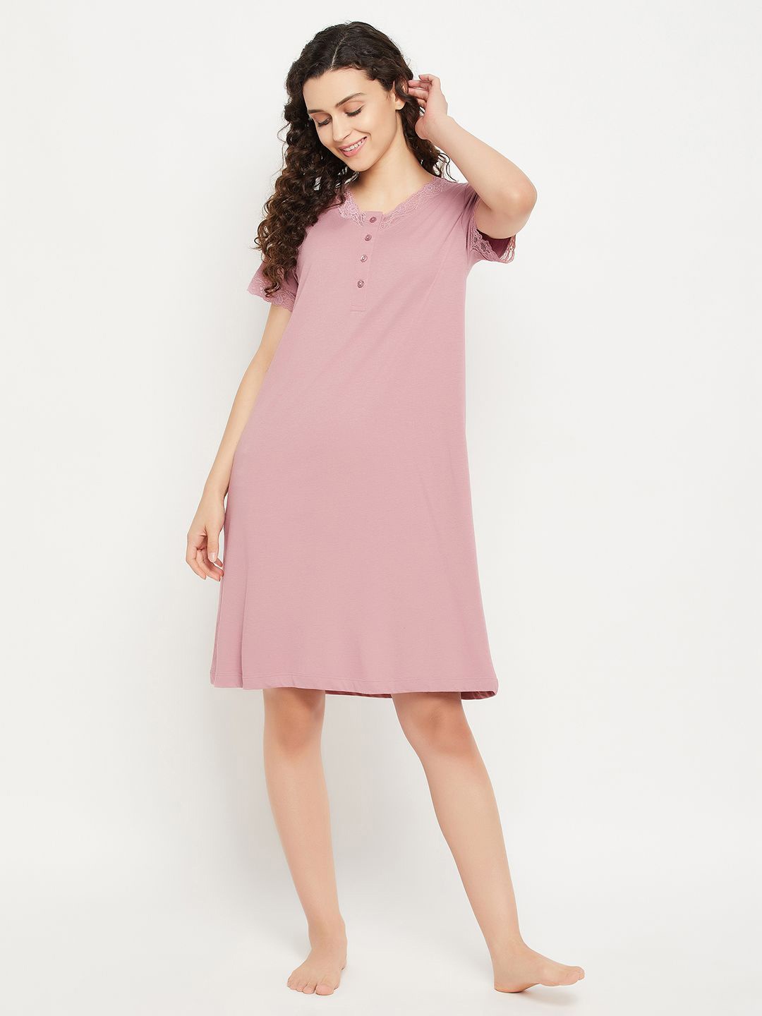 

Clovia V-Neck Modal T-shirt Nightdress, Pink