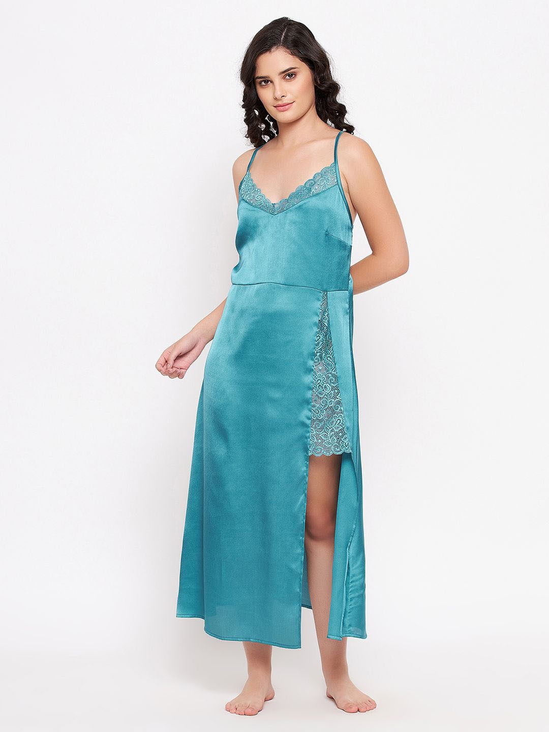 

Clovia Shoulder Straps Sleeveless Satin Midi Regular Nightdress, Teal