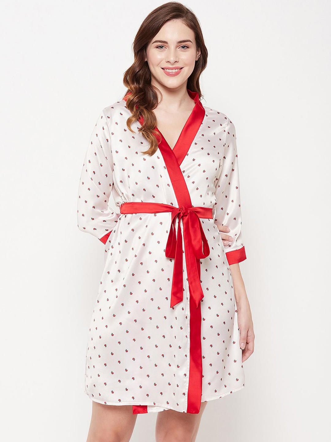 

Clovia Printed Satin Robe, Beige