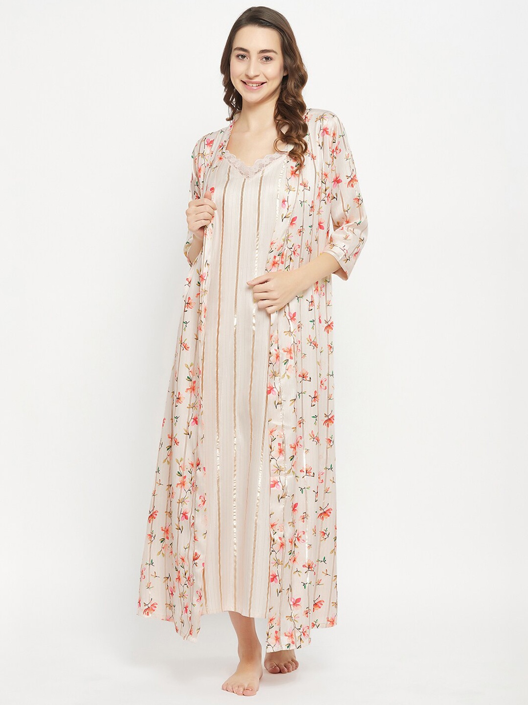 

Clovia Printed Maxi Nightdress, Beige