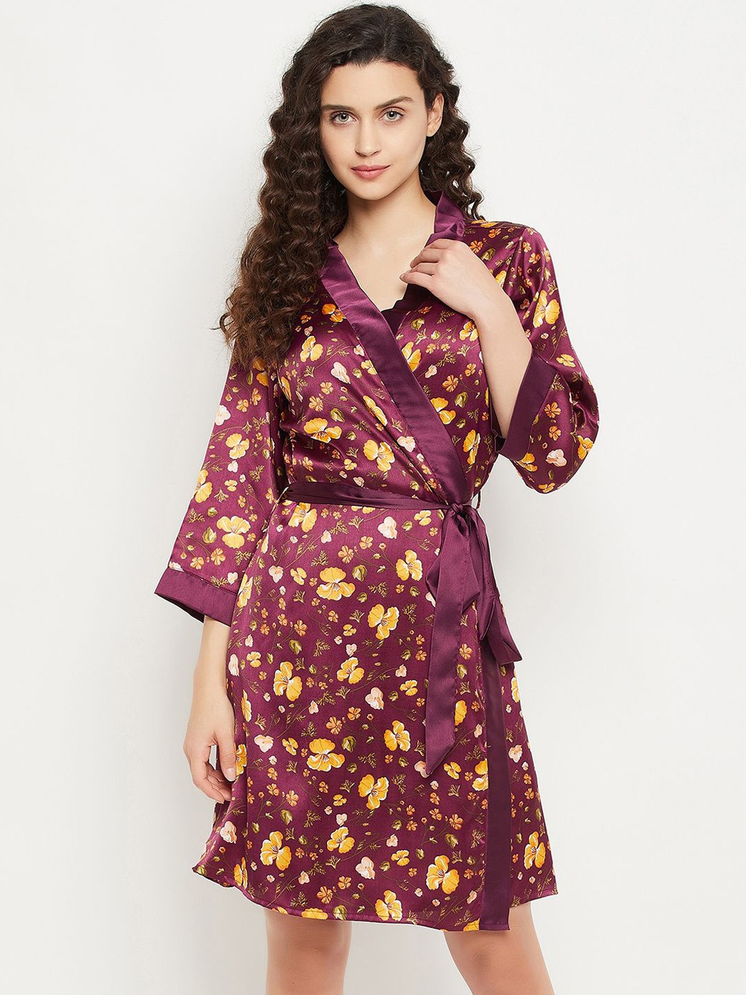 

Clovia Printed Satin Robe, Purple