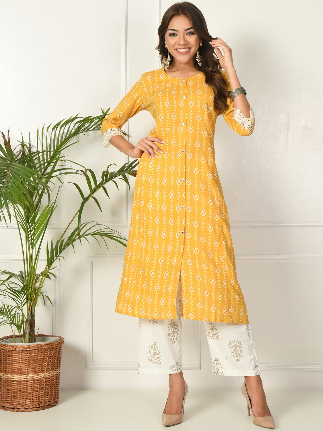 

KALINI Ethnic Motifs Printed Straight Pure Cotton Kurta with Palazzo, Yellow