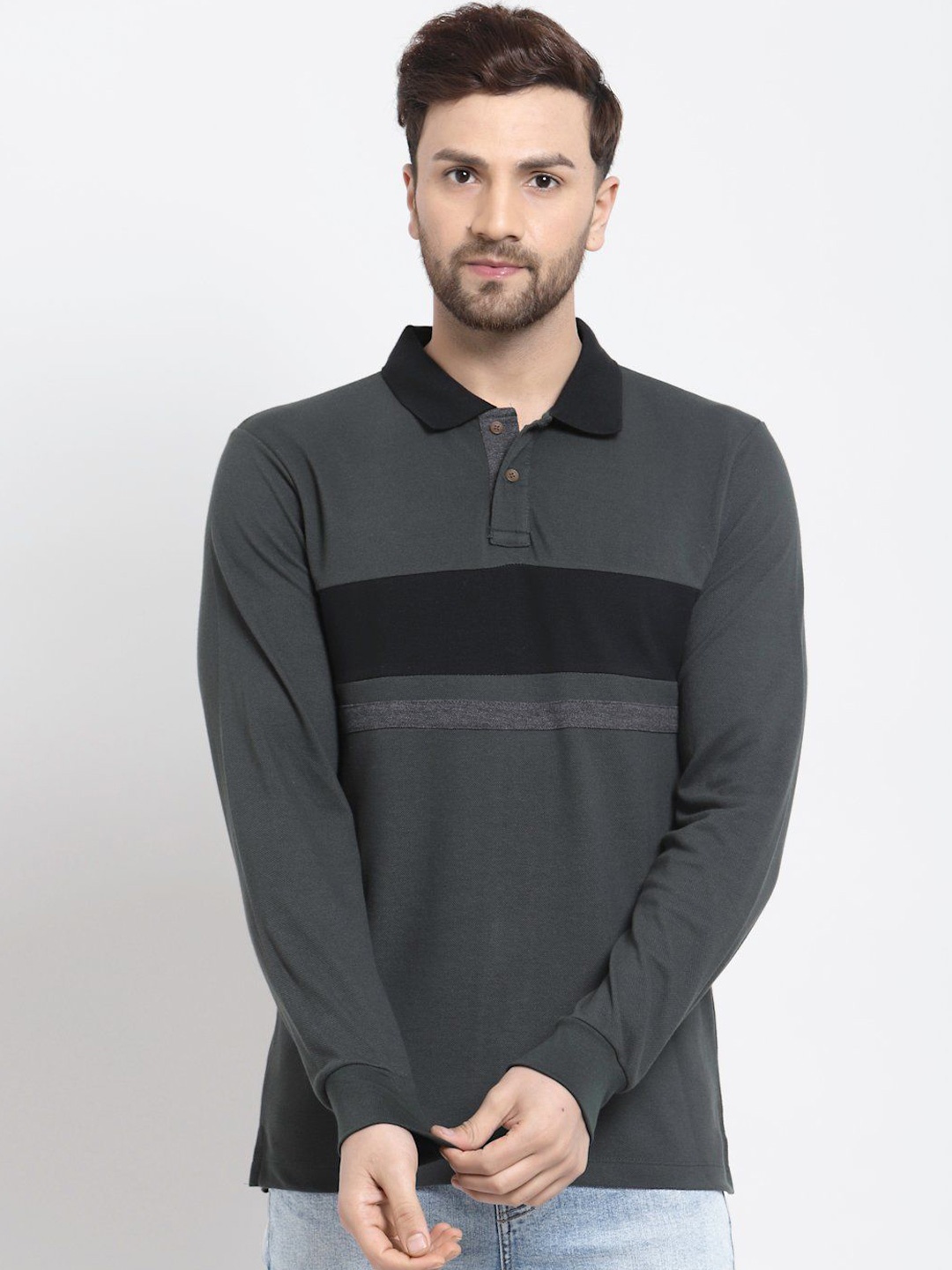 

Kalt Men Striped Polo Collar Pockets T-shirt, Grey