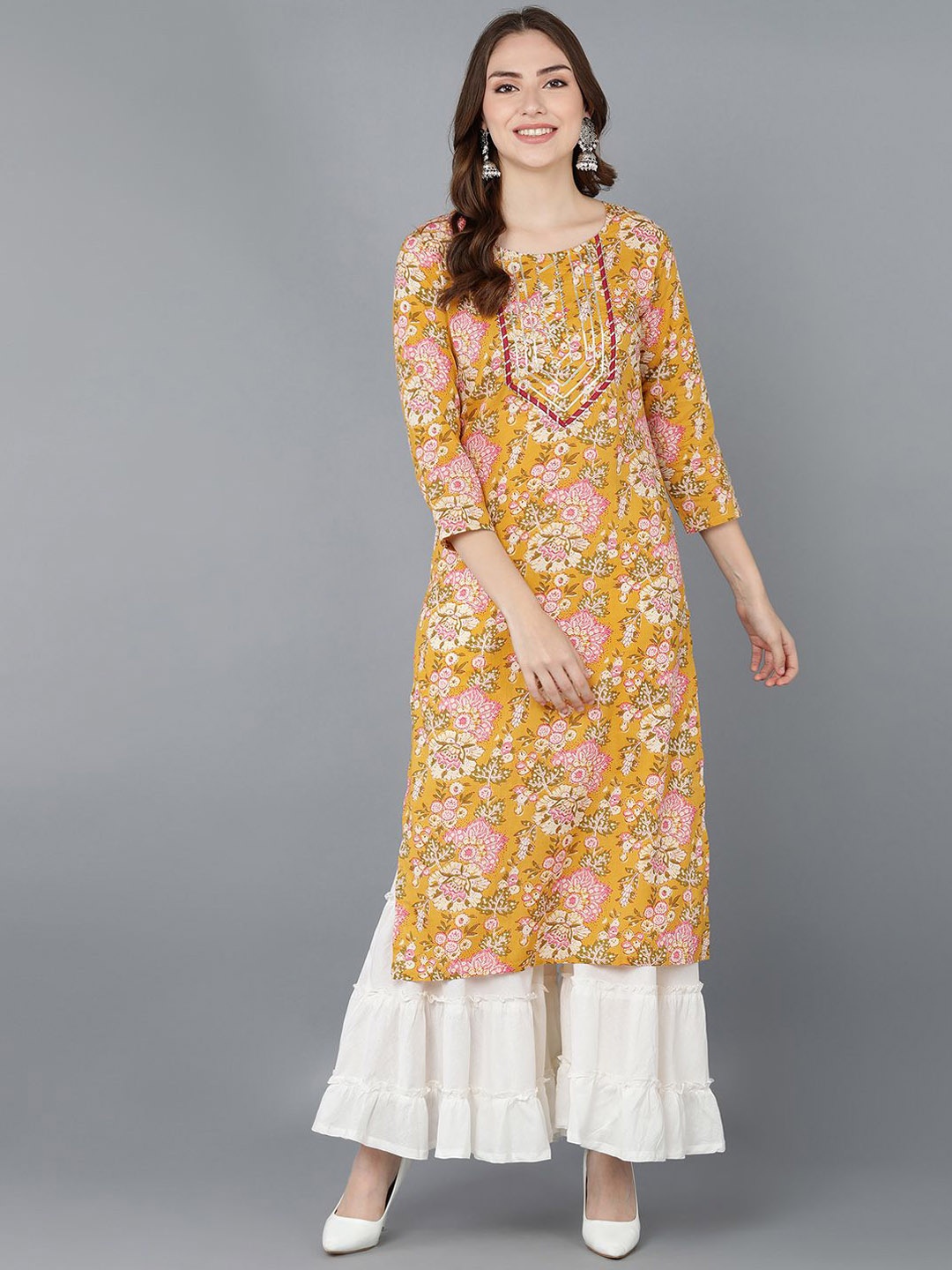 

KALINI Floral Printed Round Neck Kurta, Mustard
