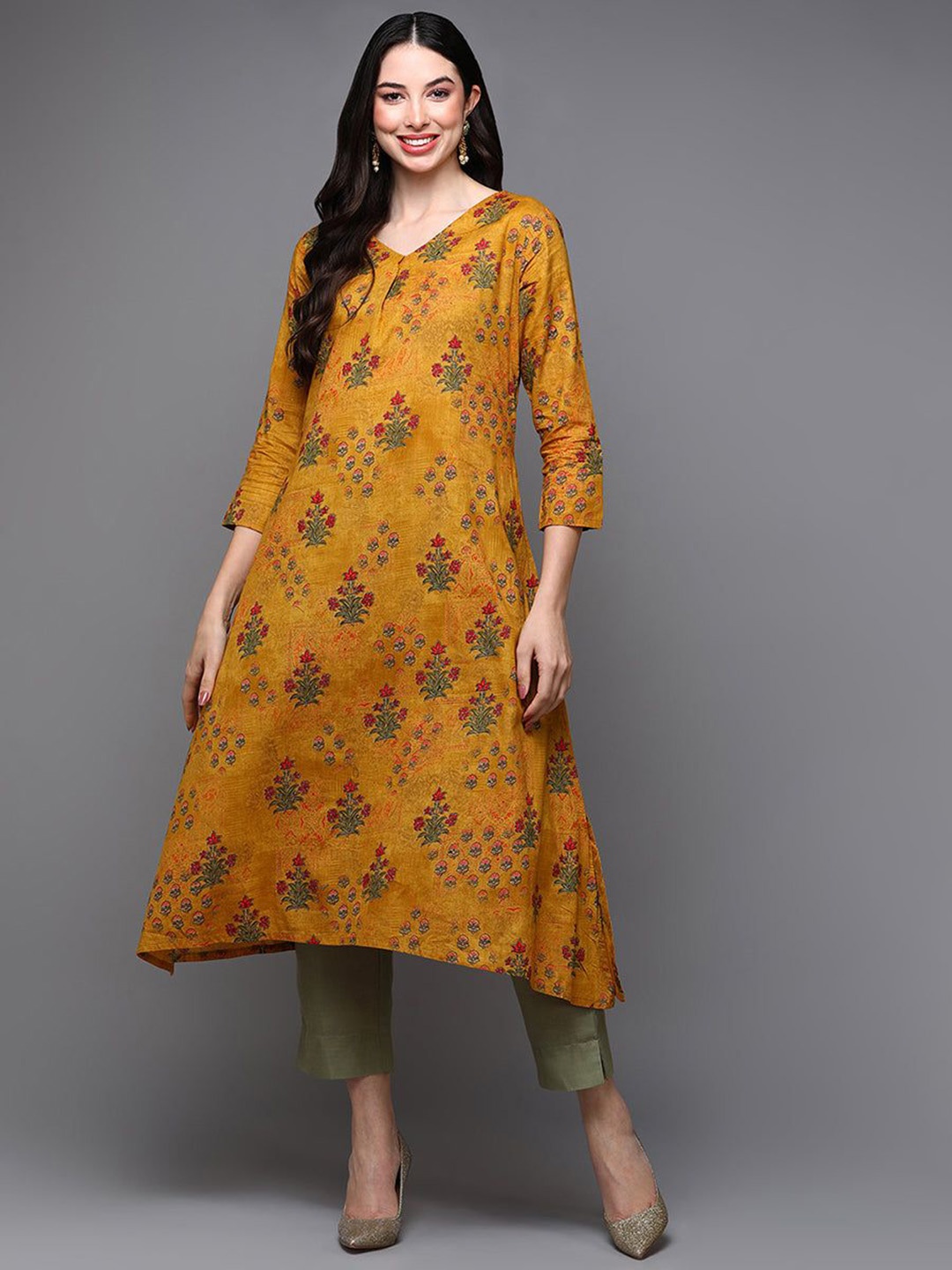 

KALINI Floral Printed A-Line Kurta, Mustard