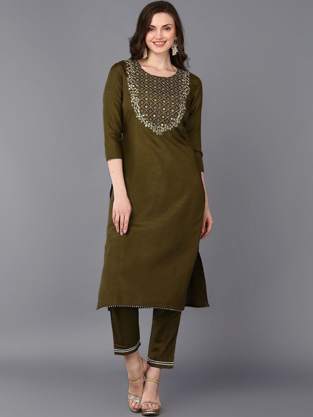 

KALINI Round Neck Ethnic Motifs Yoke Design Thread Work Straight Kurta, Olive