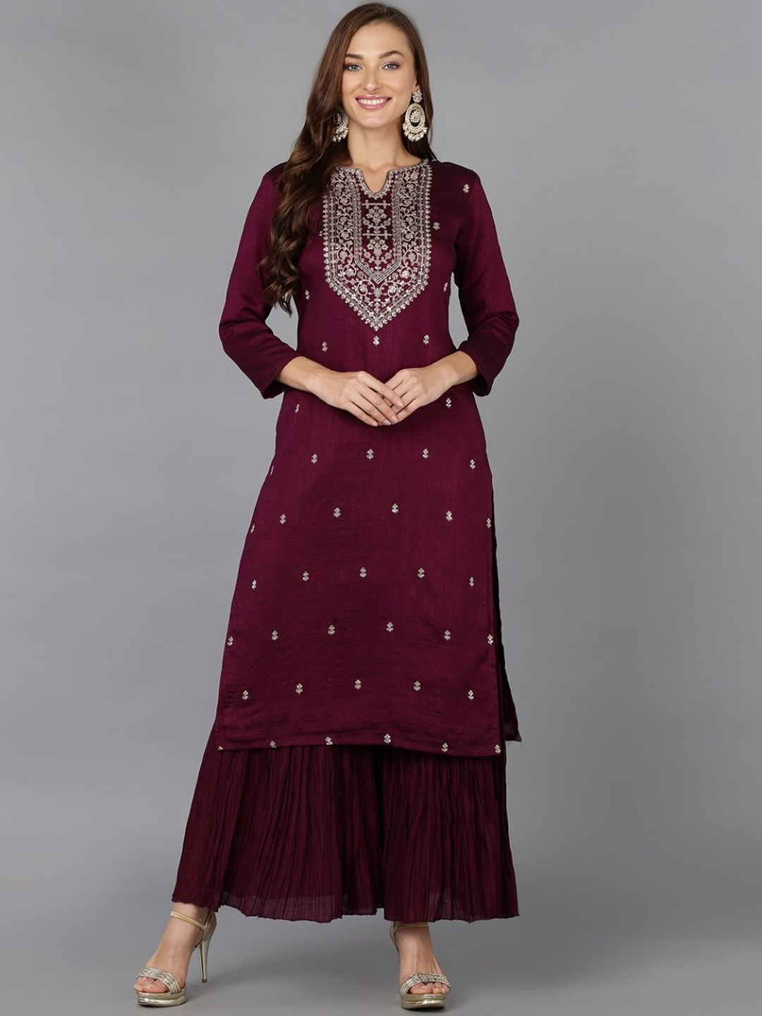 

KALINI Floral Embroidered Thread Work Straight Kurta, Burgundy