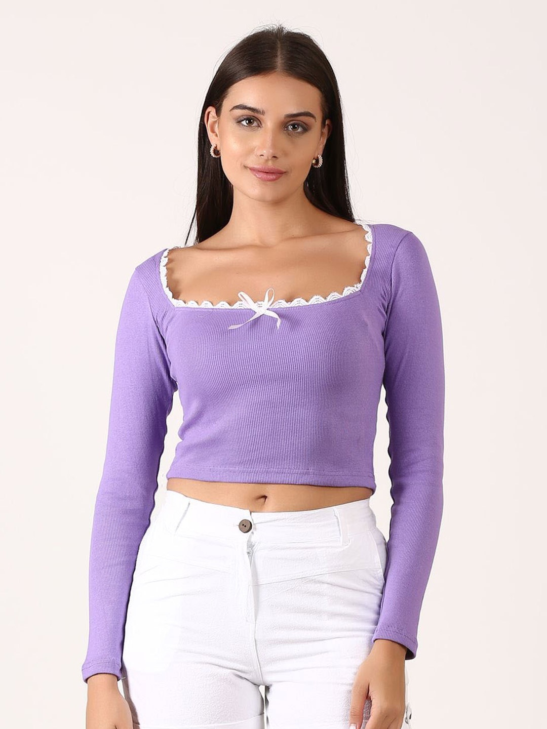 

SIGHTBOMB Cotton Square Neck Full Sleeves Crop Top, Purple
