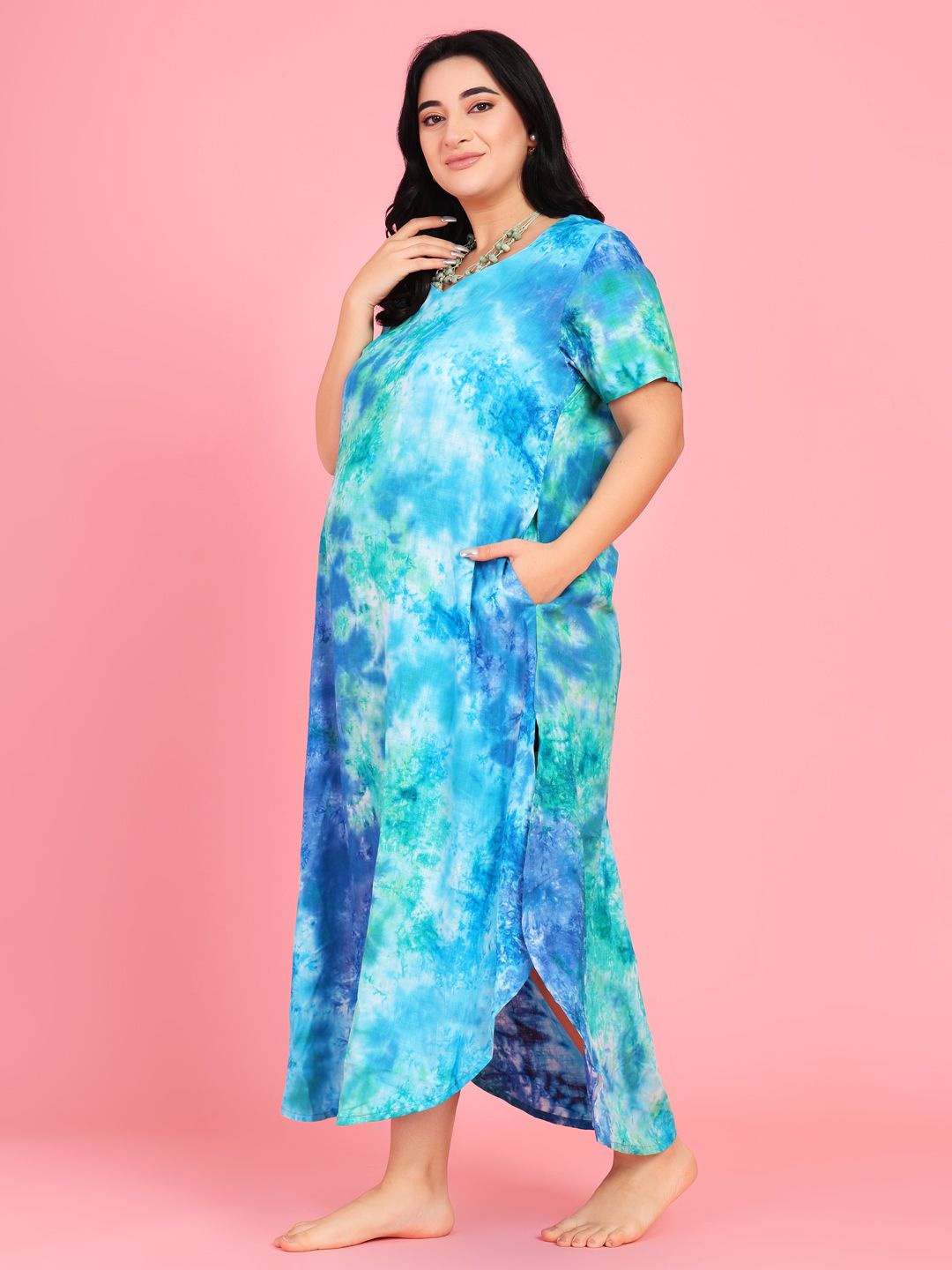 

MAMMA PRESTO Tie and Dye Sweetheart Neck Maxi Maternity Nightdress, Blue