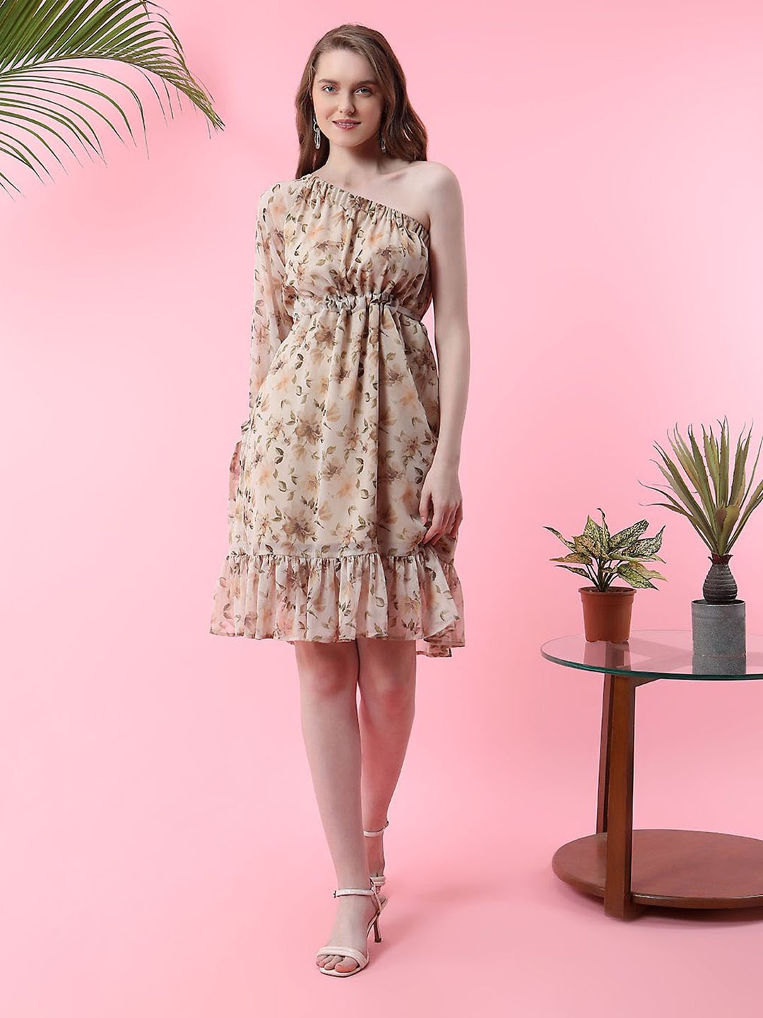 

MISH Beige Floral Print One Shoulder Chiffon Fit & Flare Dress