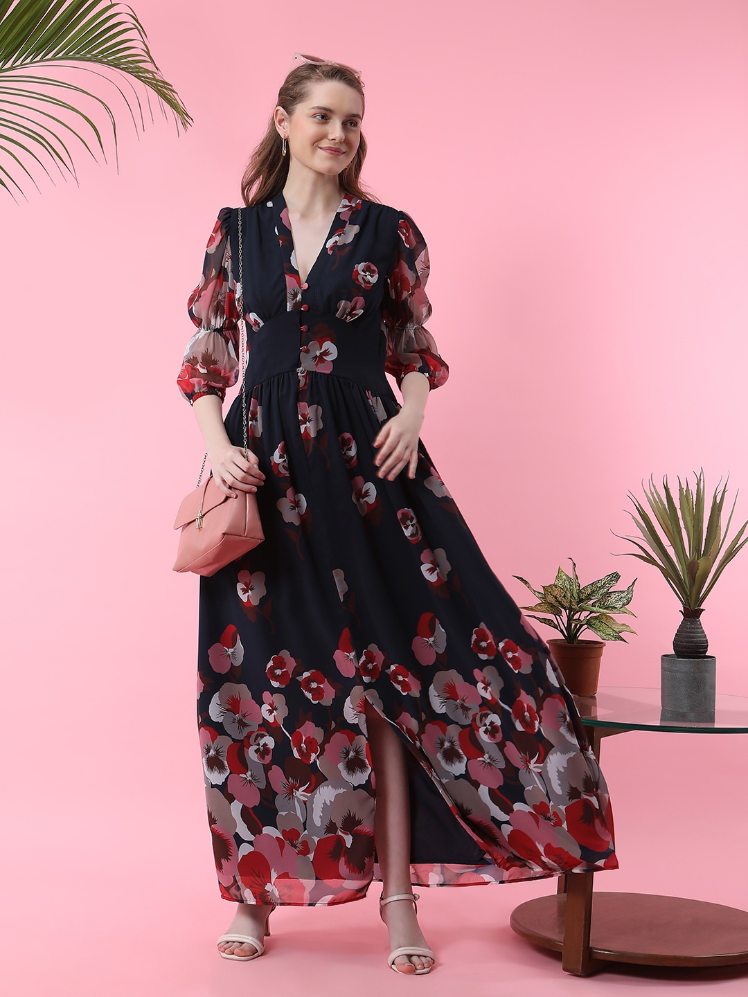 

MISH Floral Print Puff Sleeves Georgette Maxi Dress, Navy blue