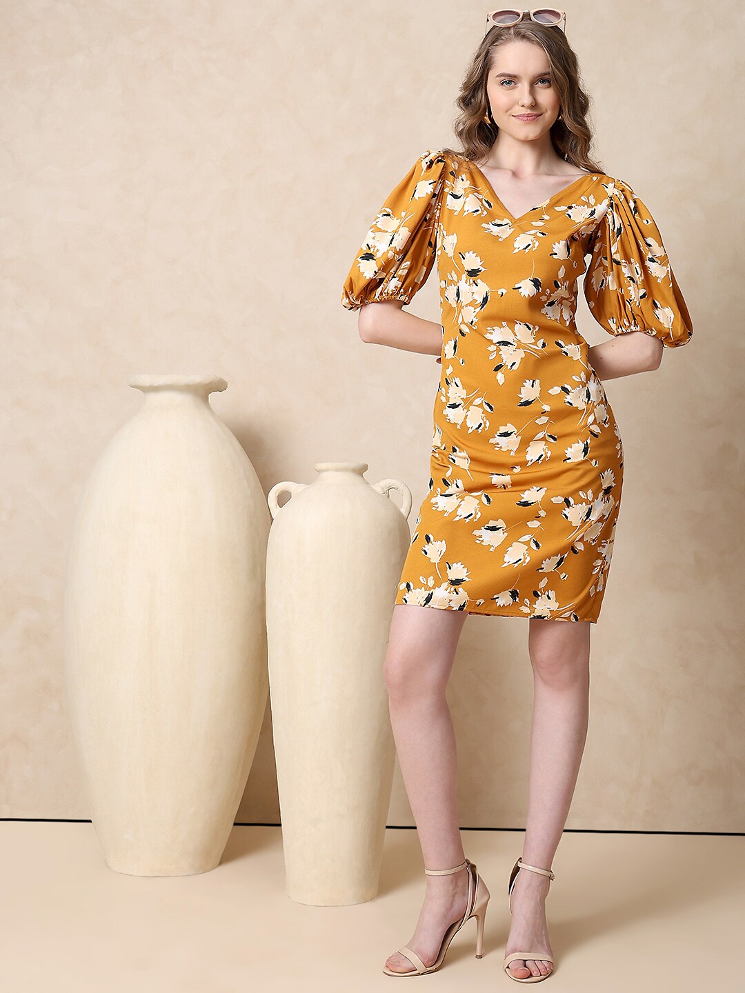 

MISH Floral Print Crepe Sheath Dress, Mustard