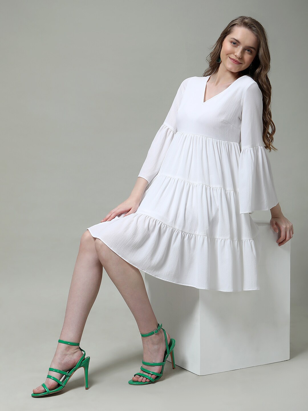 

MISH V-Neck Bell Sleeve A-Line Midi Dress, White