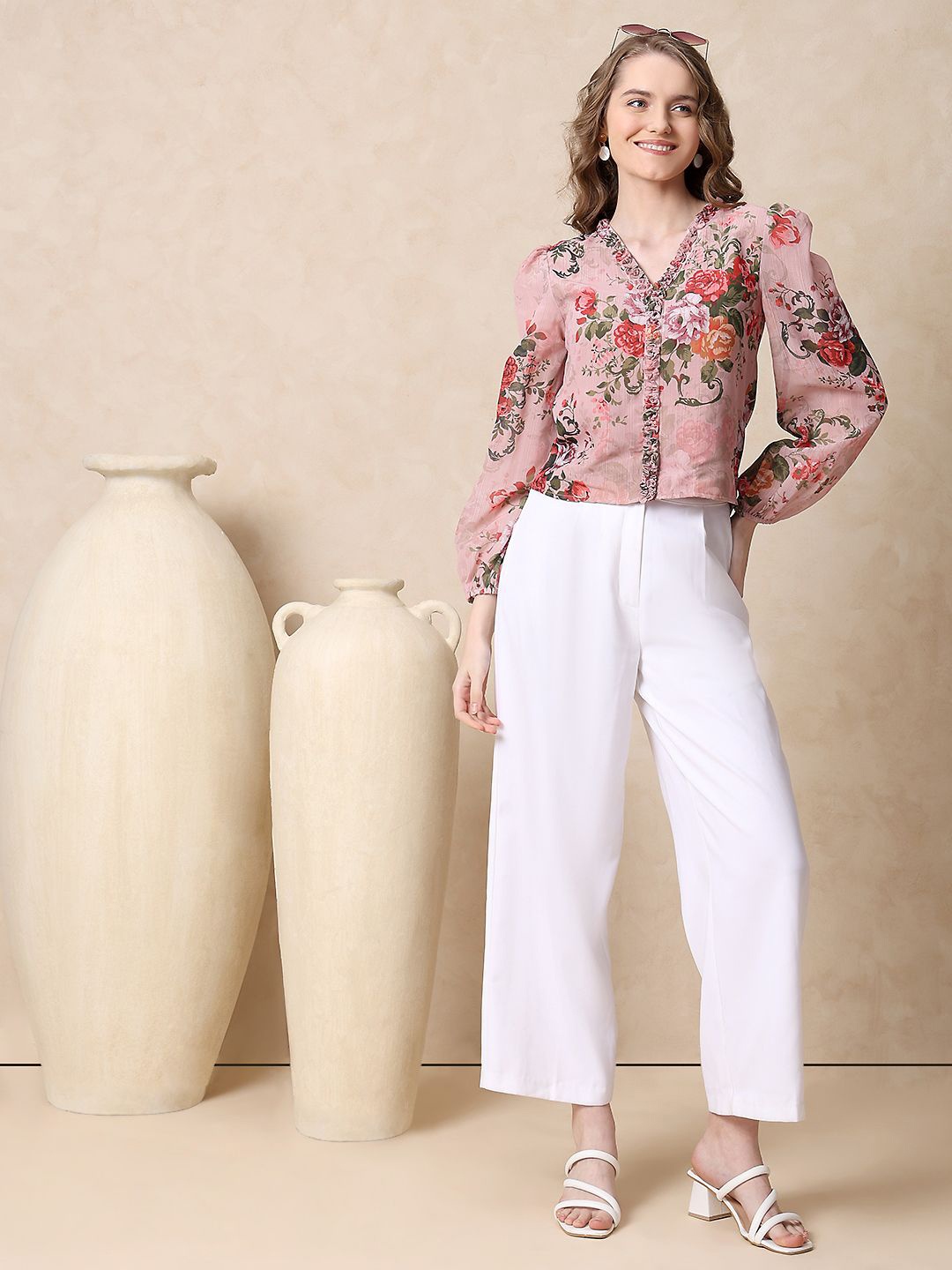 

MISH Floral Printed Ruffles Georgette Top, Pink