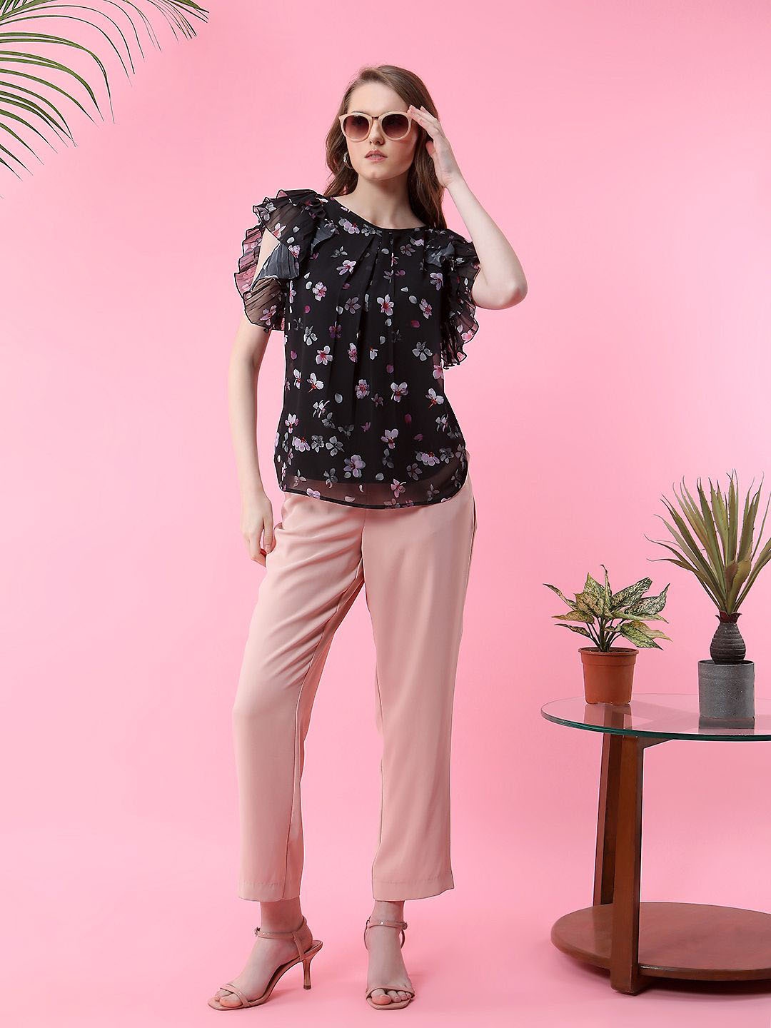 

MISH Floral Print Flutter Sleeve Georgette Top, Black