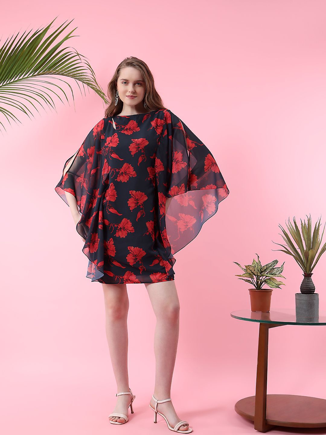 

MISH Floral Print Flared Sleeve Georgette A-Line Dress, Black