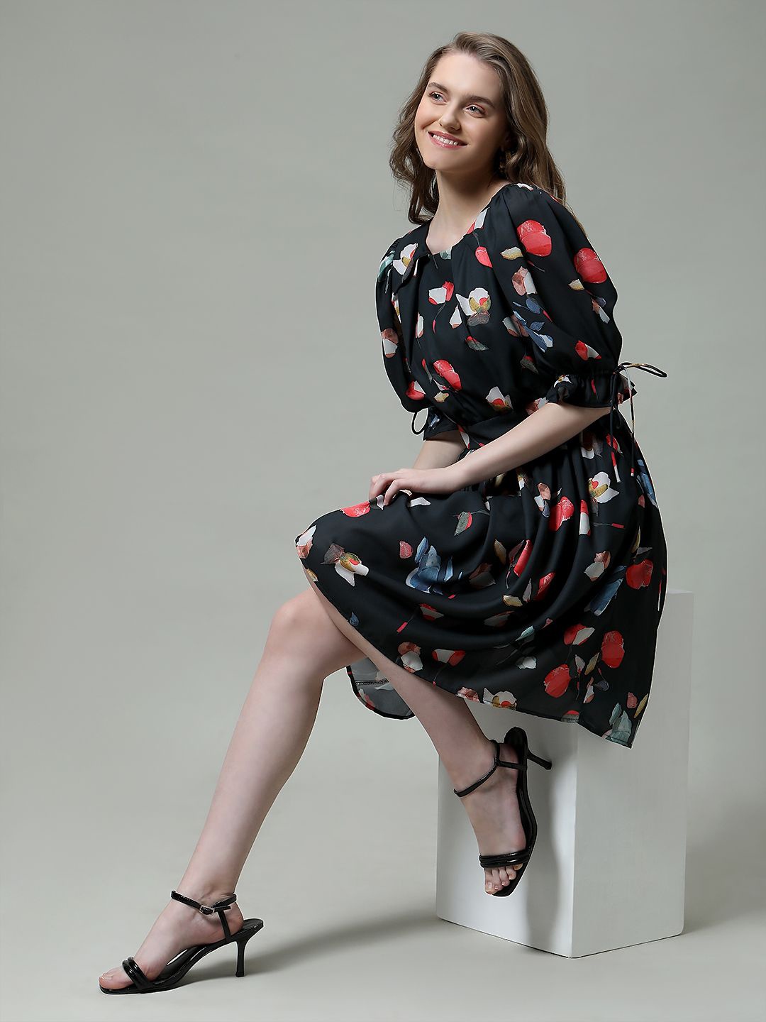 

MISH Floral Print Georgette Fit & Flare Dress, Black